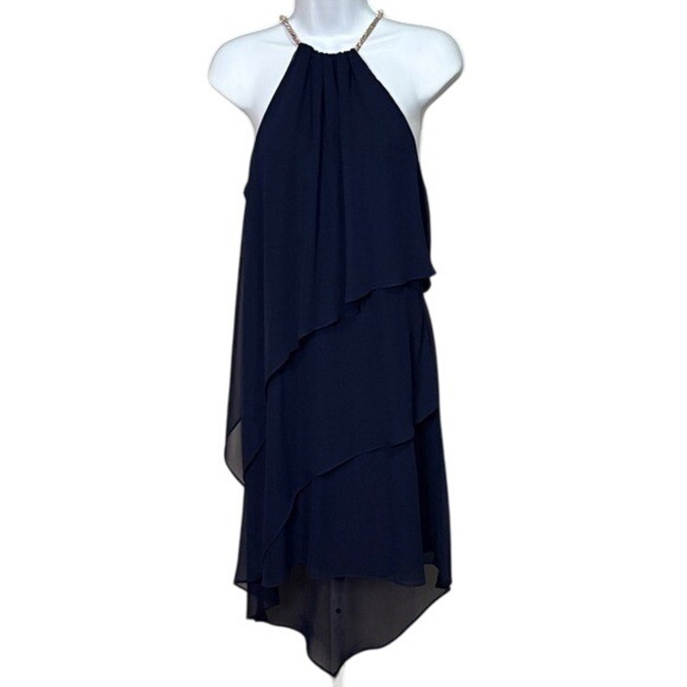 Betsy Adam Navy Blue Halter Neck Layered Party Cocktail Dress